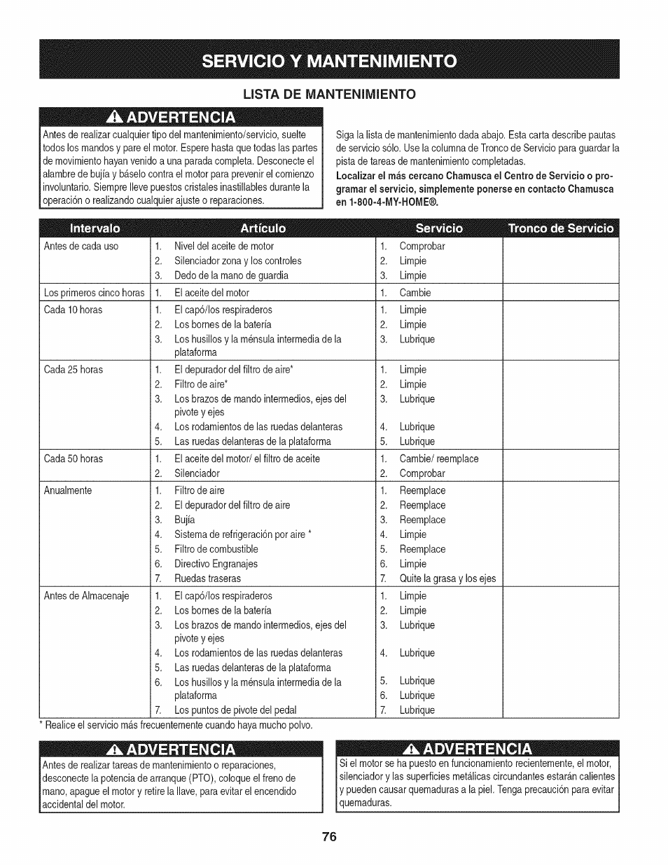 A advertencia, Intervalo, Artículo | Servicio, Tronco de servicio, Servicio y mantenimiento, Lista de mantenimiento, Intervalo artículo servicio tronco de servicio | Craftsman 247.28904 User Manual | Page 76 / 92