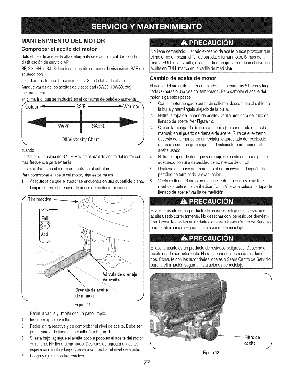 Mantenimiento del motor, Comprobar el aceite del motor, A precaución | Cambio de aceite de motor, Servicio y mantenimient | Craftsman 247.28904 User Manual | Page 77 / 92