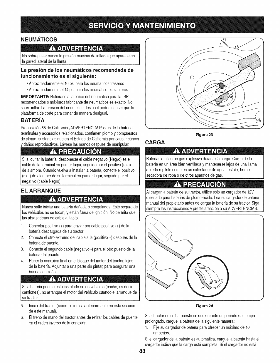 A advertencia, Batería, A precaución | Servicio y mantenimiento, Neumaticos, El arranque, Carga | Craftsman 247.28904 User Manual | Page 83 / 92