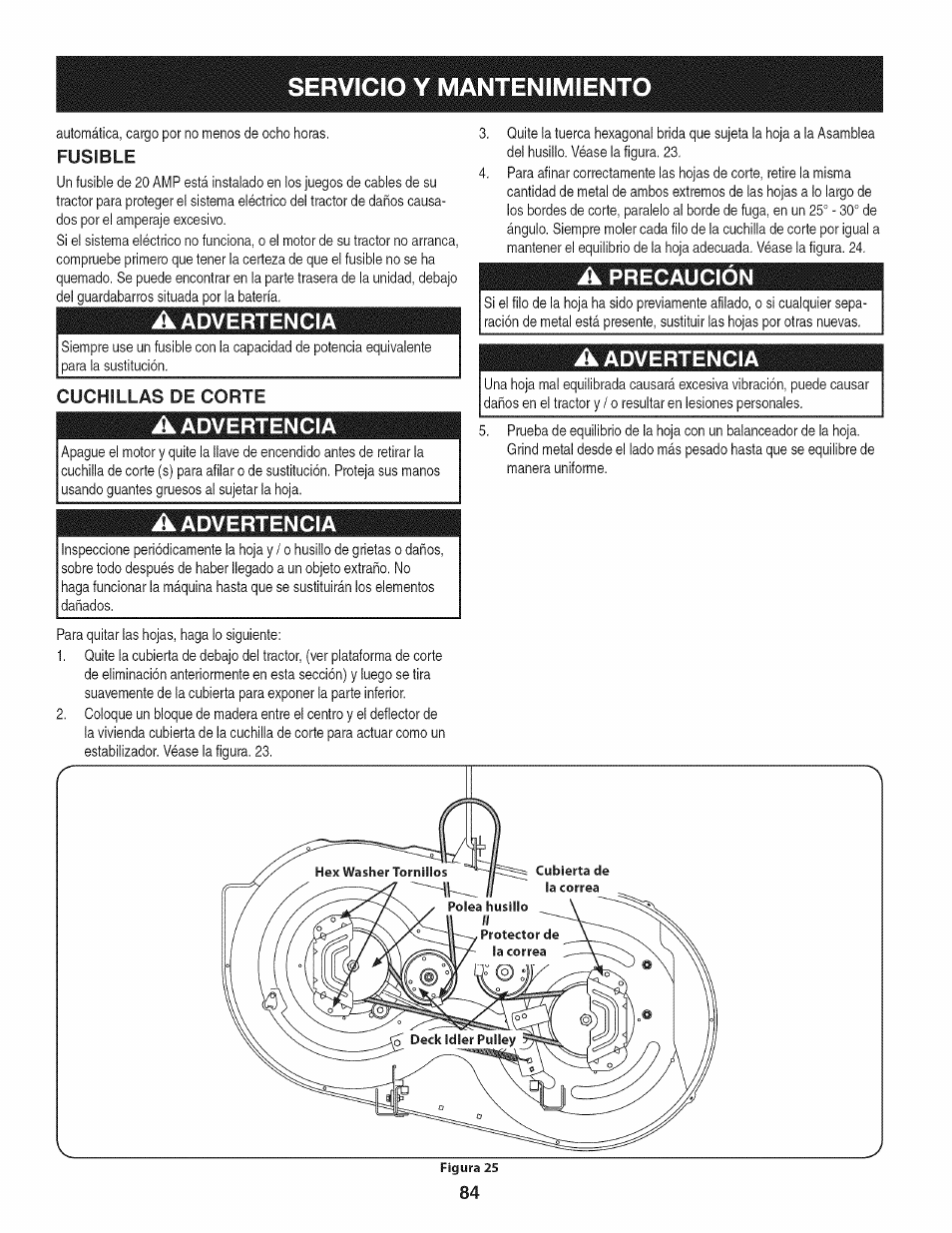 A advertencia, A precaución, Cuchillas de corte | Servicio y mantenimiento, Fusible | Craftsman 247.28904 User Manual | Page 84 / 92