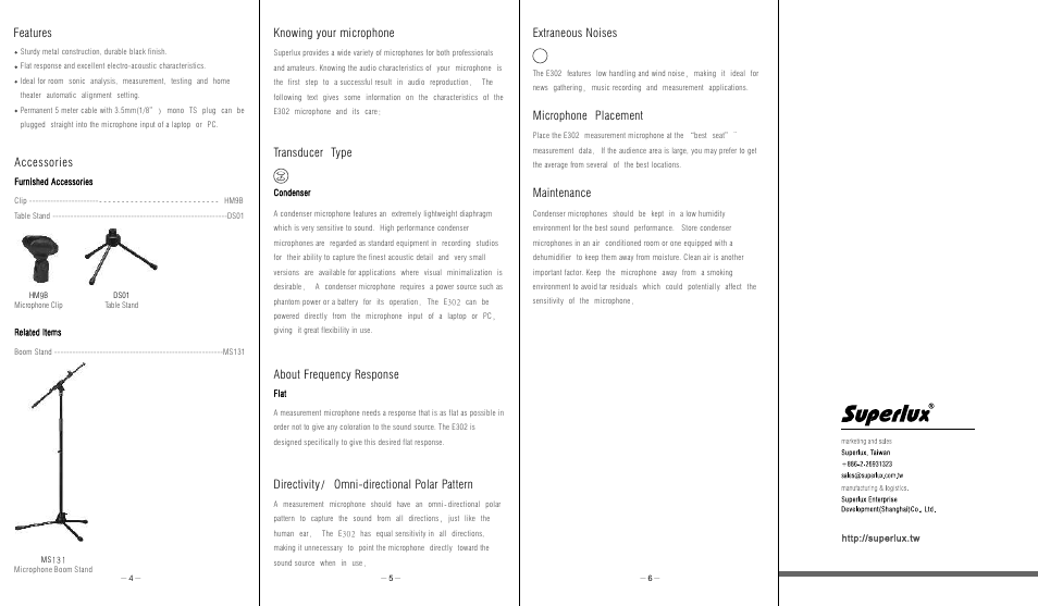 Features, Accessories, Knowing your microphone | About frequency response, Directivity/ omni-directional polar pattern, Transducer type, Microphone placement, Maintenance, Extraneous noises | Superlux E302 User Manual | Page 2 / 2