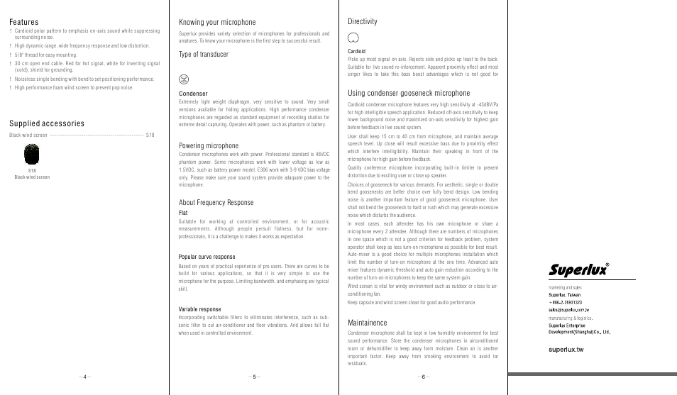 Supplied accessories, Features, Knowing your microphone | Directivity maintainence, Using condenser gooseneck microphone, Type of transducer, Powering microphone about frequency response | Superlux E306 User Manual | Page 2 / 2