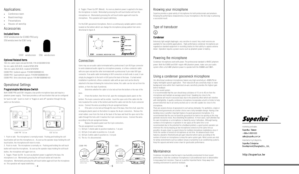 Maintainence, Applications: accessories, Operational settings | Connection: knowing your microphone, Powering the microphone | Superlux E361 User Manual | Page 2 / 2