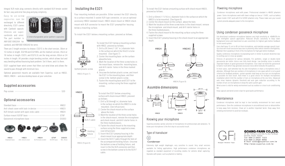 Supplied accessories optional accessories, Installing the e321 assmble dimensions, Knowing your microphone | Using condenser gooseneck microphone maintainence, Type of transducer, Powering microphone, Goang-fann co.,ltd | Superlux E321 User Manual | Page 2 / 2