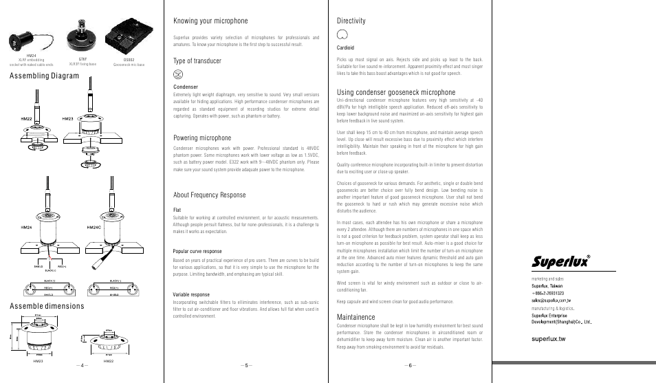 Knowing your microphone, Directivity, Assembling diagram assemble dimensions | Maintainence, Using condenser gooseneck microphone, Type of transducer, Powering microphone about frequency response | Superlux E322 User Manual | Page 2 / 2