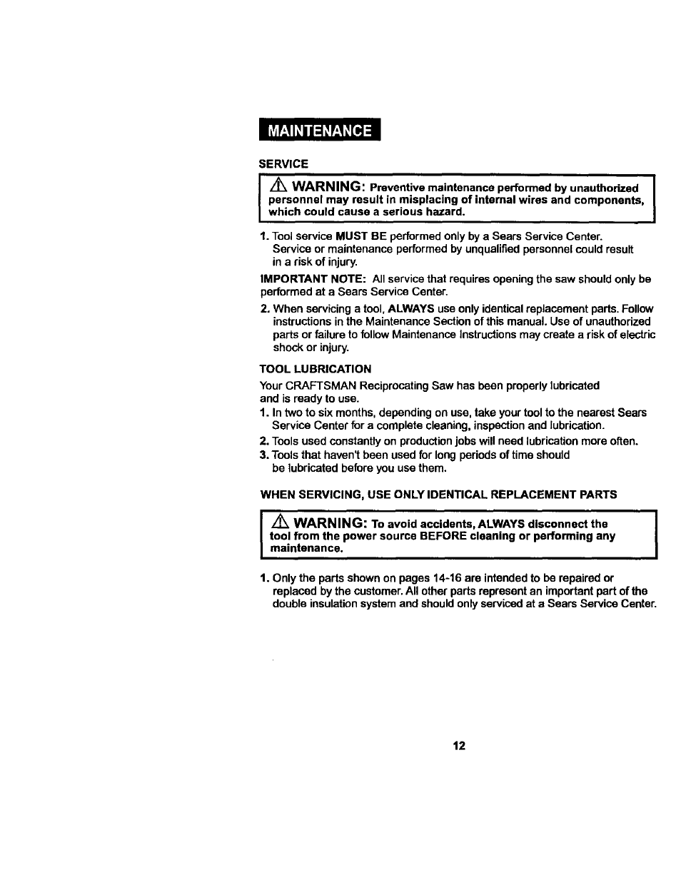 Maintenance, A warning, Warning | Craftsman 172.267700 User Manual | Page 12 / 18