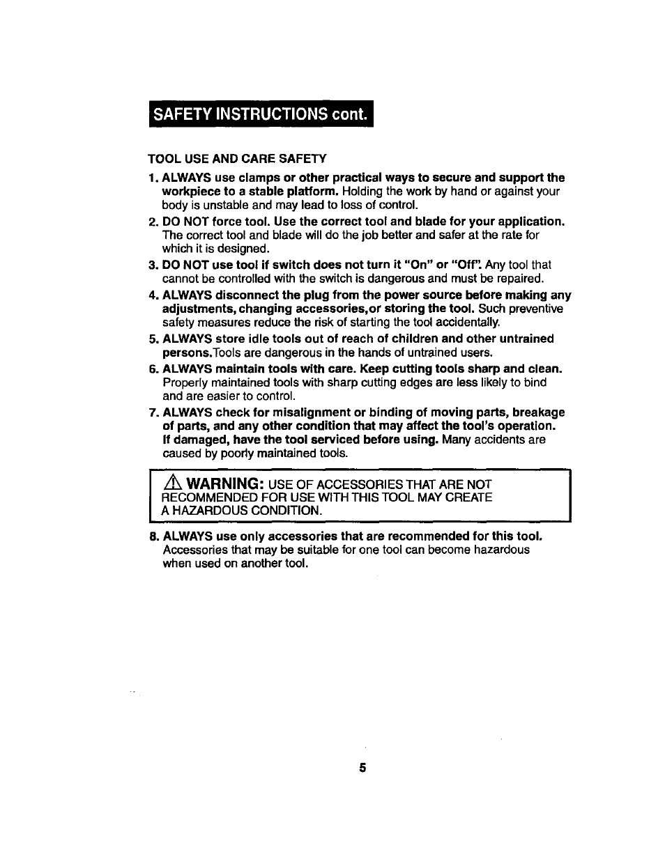 Safety instructions cont, Warning | Craftsman 172.267700 User Manual | Page 5 / 18