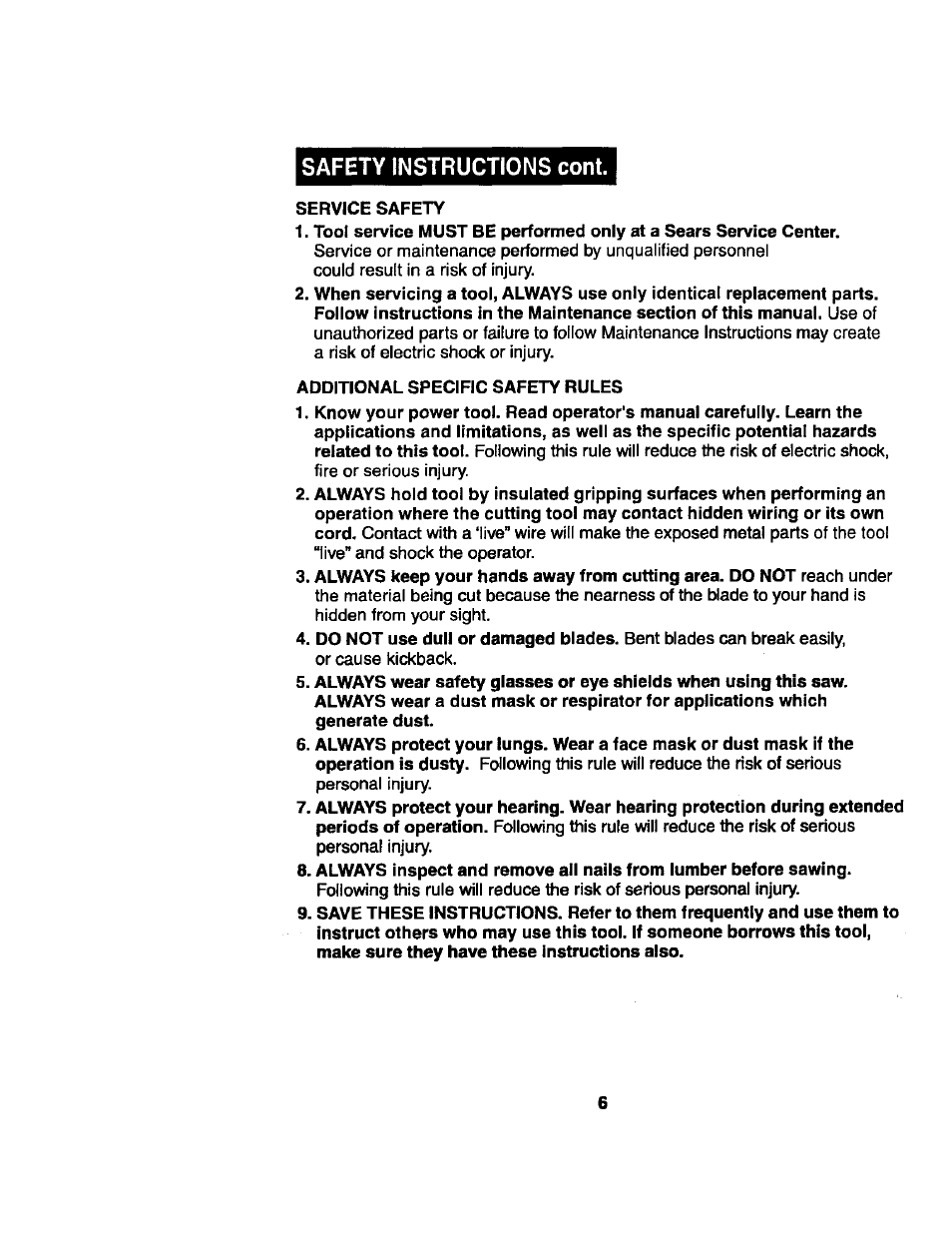 Safety instructions cont | Craftsman 172.267700 User Manual | Page 6 / 18