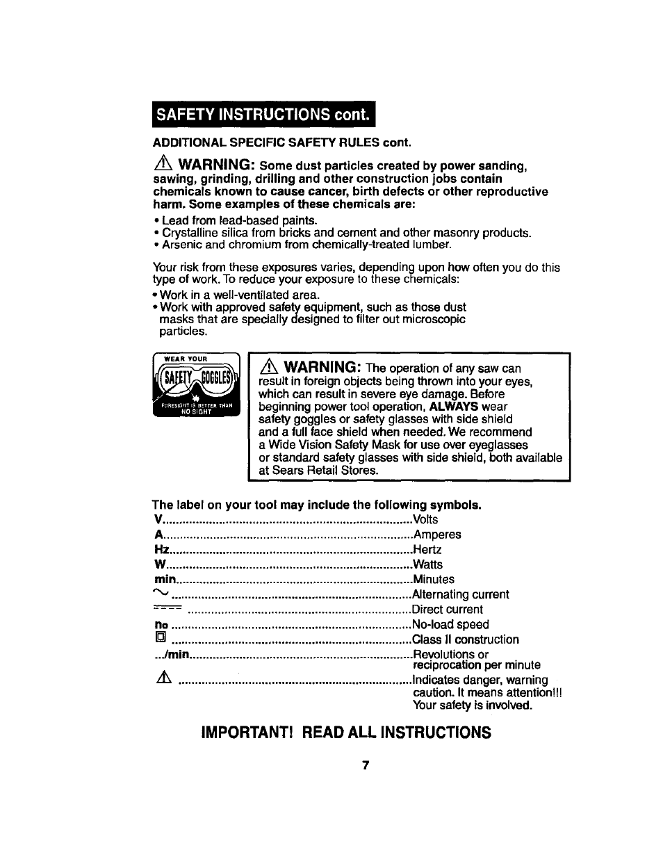 Important! read all instructions, Safety instructions cont, Warning | Craftsman 172.267700 User Manual | Page 7 / 18