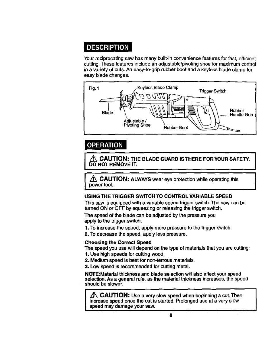 Description, Operation, Operation a caution | A caution, Caution | Craftsman 172.267700 User Manual | Page 8 / 18