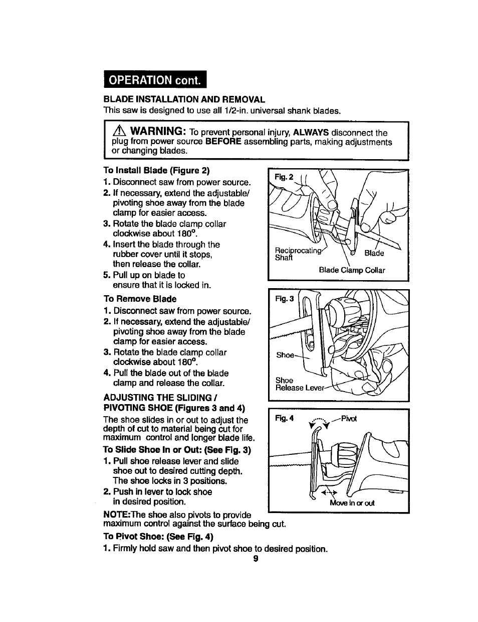 Blade installation and removal, To install blade (figure 2), To remove blade | Adjusting the sliding, Operation cont, A warning | Craftsman 172.267700 User Manual | Page 9 / 18