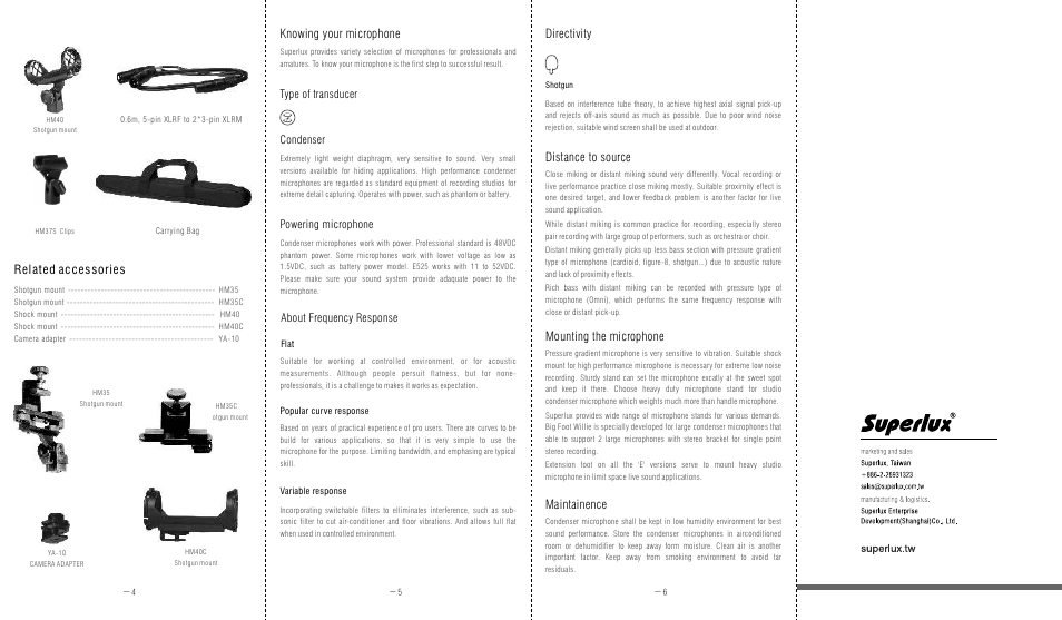 Knowing your microphone, Directivity, Distance to source | Mounting the microphone, Maintainence, Related accessories, Condenser | Superlux E525 S/L User Manual | Page 2 / 2