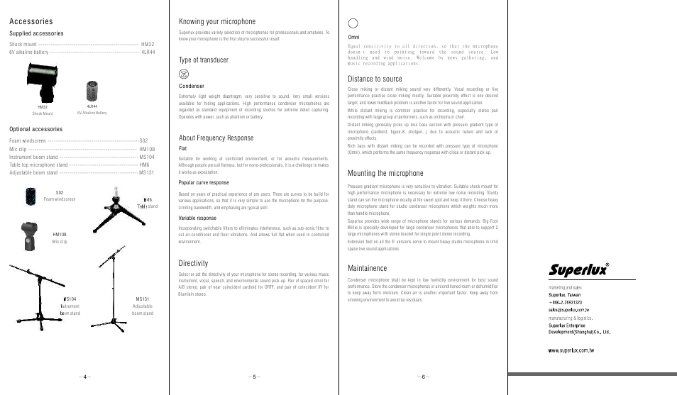 Knowing your microphone, Maintainence, Distance to source mounting the microphone | Directivity, Accessories, Type of transducer, About frequency response | Superlux ECM888B User Manual | Page 2 / 2