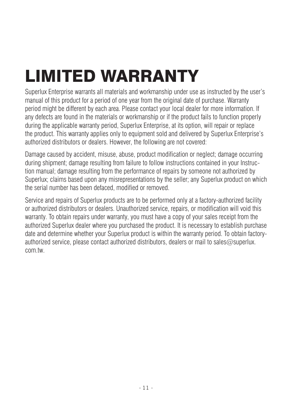 Limited warranty | Superlux HA3D User Manual | Page 11 / 12