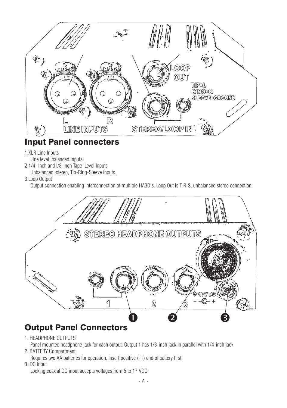 Input panel connecters, Output panel connectors | Superlux HA3D User Manual | Page 6 / 12