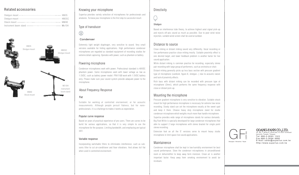 Related accessories, Knowing your microphone, Directivity | Distance to source, Mounting the microphone, Maintainence, Type of transducer, Powering microphone about frequency response, Goang-fann co.,ltd | Superlux PRA116B User Manual | Page 2 / 2