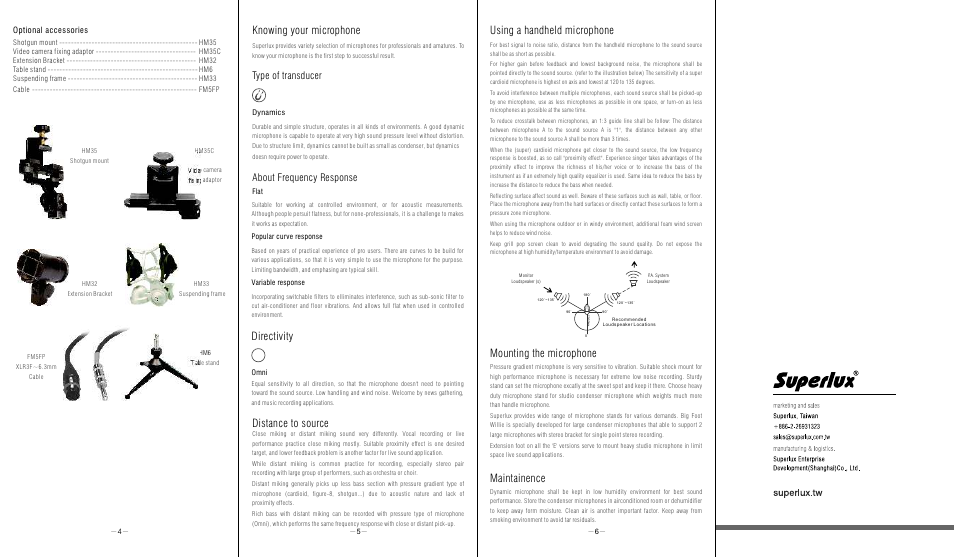 Directivity, Knowing your microphone, Mounting the microphone maintainence | Using a handheld microphone, Distance to source, Type of transducer about frequency response, Optional accessories | Superlux PRA318S User Manual | Page 2 / 2