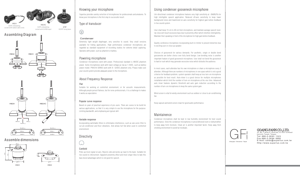 Assembling diagram assemble dimensions, Knowing your microphone, Directivity | Maintainence, Using condenser gooseneck microphone, Type of transducer, Powering microphone about frequency response, Goang-fann co.,ltd | Superlux PRA518 User Manual | Page 2 / 2