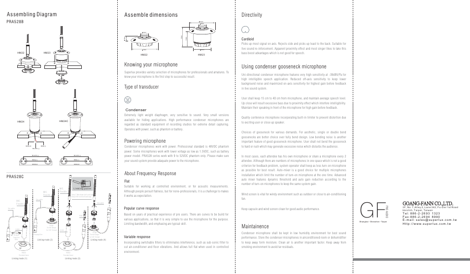 Assembling diagram, Assemble dimensions, Knowing your microphone | Directivity maintainence, Using condenser gooseneck microphone, Type of transducer, Powering microphone about frequency response, Goang-fann co.,ltd | Superlux PRA528 User Manual | Page 2 / 2