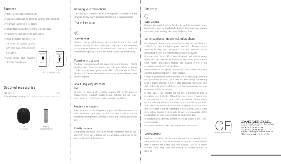 Features supplied accessories, Knowing your microphone, Directivity maintainence | Using condenser gooseneck microphone, Type of transducer, Powering microphone about frequency response, Goang-fann co.,ltd | Superlux PRA528DS User Manual | Page 2 / 2