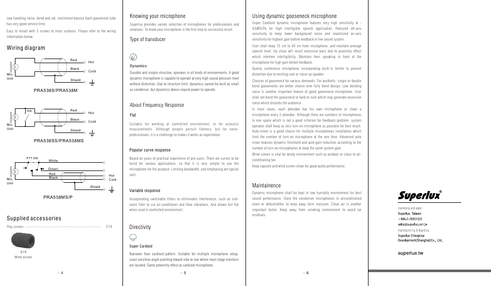 Supplied accessories, Knowing your microphone, Directivity maintainence | Using dynamic gooseneck microphone, Wiring diagram, Type of transducer about frequency response | Superlux PRA538 User Manual | Page 2 / 2