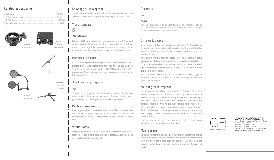 Related accessories, Knowing your microphone, Directivity distance to source | Mounting the microphone, Maintainence, Type of transducer, Powering microphone about frequency response, Goang-fann co.,ltd | Superlux PRO238MKII User Manual | Page 2 / 2