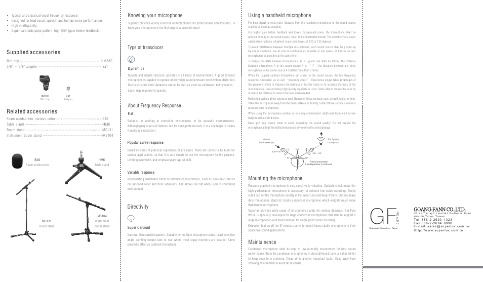 Directivity mounting the microphone maintainence, Using a handheld microphone, Type of transducer about frequency response | Goang-fann co.,ltd | Superlux PRO258 User Manual | Page 2 / 2