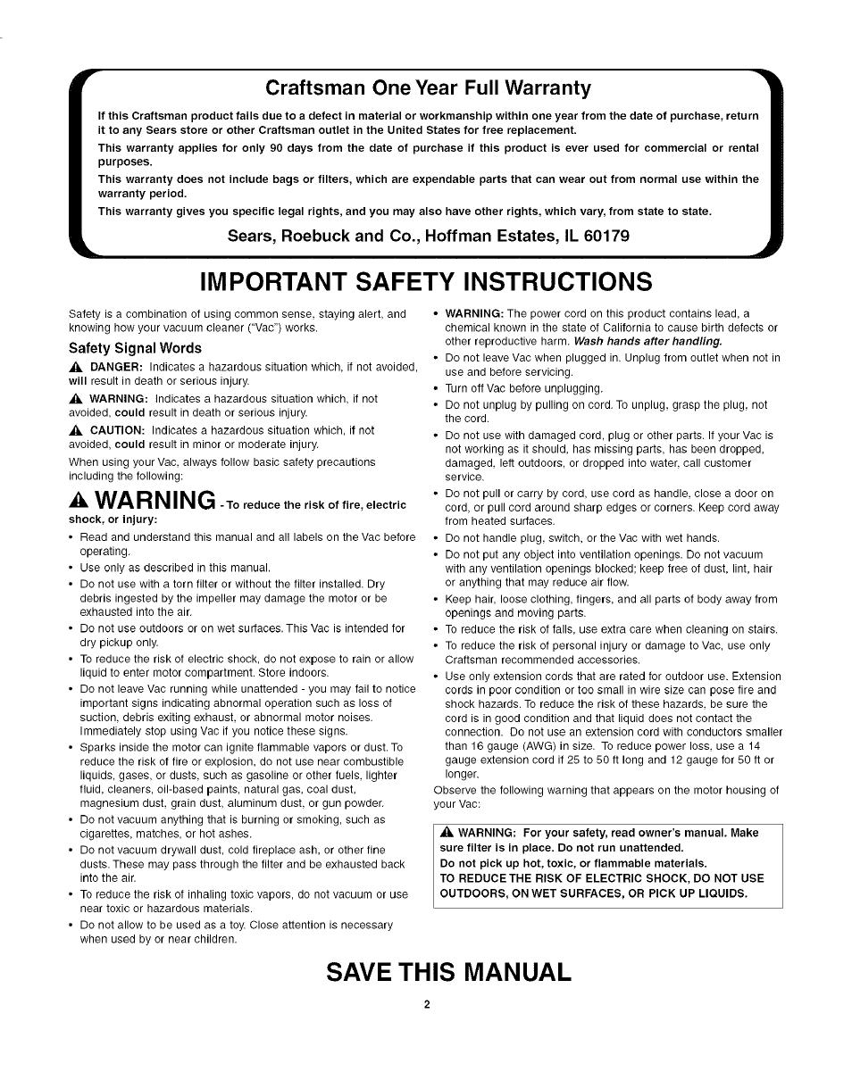 Craftsman one year full warranty, Sears, roebuck and co., hoffman estates, il 60179, Important safety instructions | A warning, Save this manual | Craftsman 113.177980 User Manual | Page 2 / 8