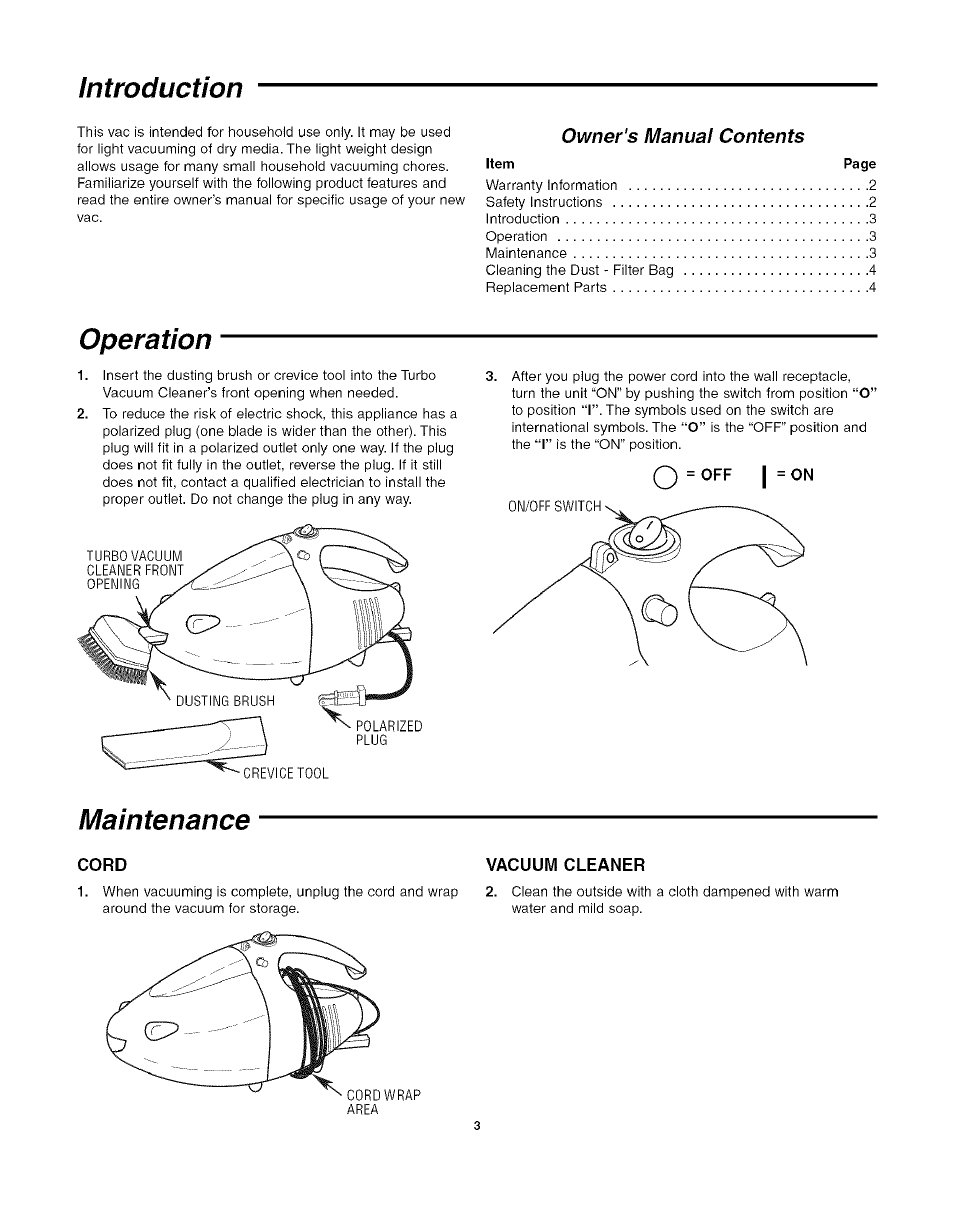 Cord, Vacuum cleaner, Introduction | Operation, Maintenance, Owner's manual contents | Craftsman 113.177980 User Manual | Page 3 / 8