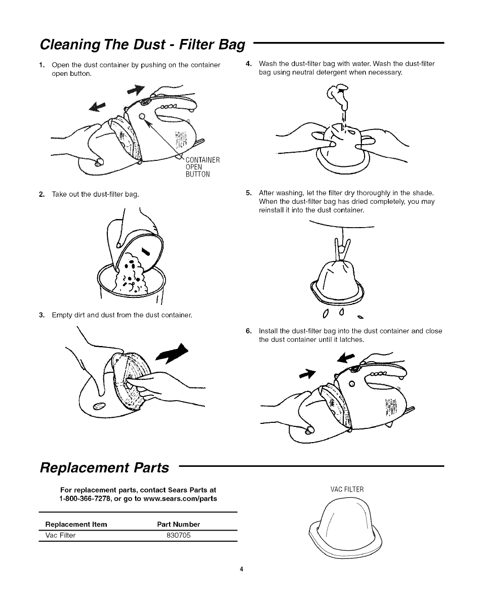 Cleaning the dust, Filter bag, Replacement parts | Craftsman 113.177980 User Manual | Page 4 / 8