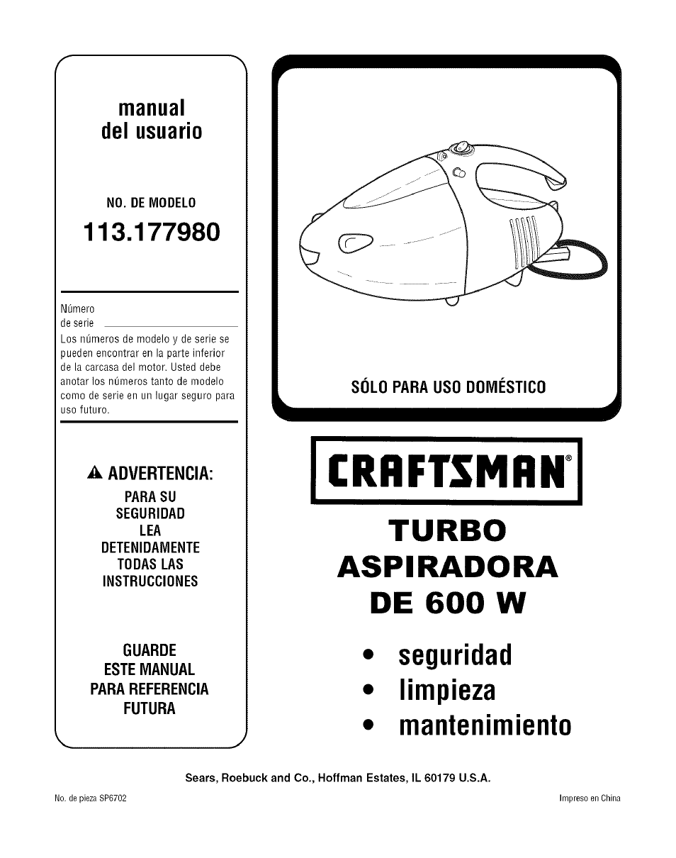 Manual del usuario, No. de modelo, Turbo aspiradora de 600 w | Seguridad • limpieza • mantenimiento | Craftsman 113.177980 User Manual | Page 5 / 8