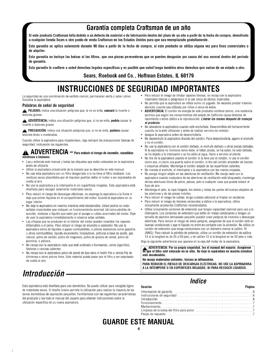 Instrucciones de seguridad importantes, Introducción, Indice | Garantía completa craftsman de un año, Advertencia, Guarde este manual | Craftsman 113.177980 User Manual | Page 6 / 8