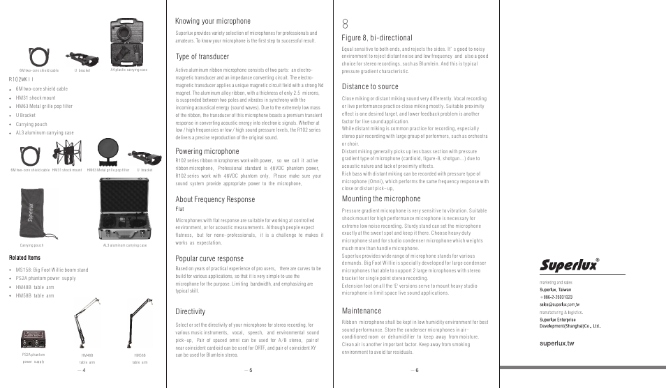 頁面 2, Knowing your microphone type of transducer, Powering microphone | About frequency response, Popular curve response, Directivity, Figure 8, bi-directional, Distance to source maintenance, Mounting the microphone | Superlux R102MKII User Manual | Page 2 / 2