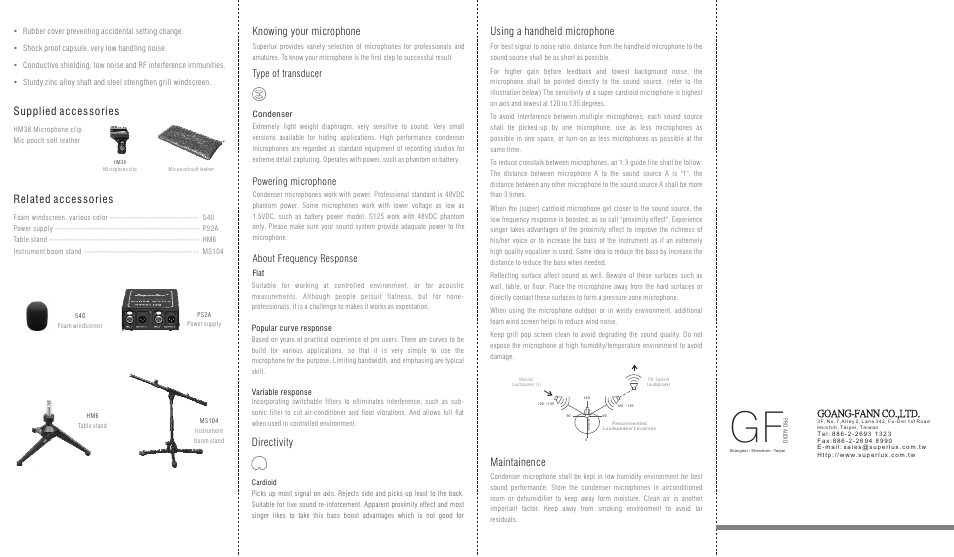 Supplied accessories related accessories, Knowing your microphone, Directivity using a handheld microphone | Maintainence, Type of transducer, Powering microphone about frequency response, Goang-fann co.,ltd | Superlux S125 User Manual | Page 2 / 2
