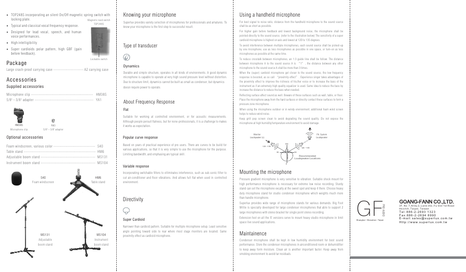 Accessories, Package, Directivity knowing your microphone | Mounting the microphone maintainence, Using a handheld microphone, Type of transducer about frequency response, Goang-fann co.,ltd | Superlux TOP258 User Manual | Page 2 / 2