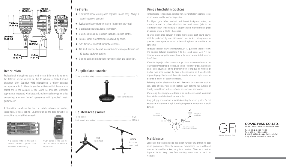 Description, Maintainence, Goang-fann co.,ltd | Superlux WH5 User Manual | Page 2 / 2