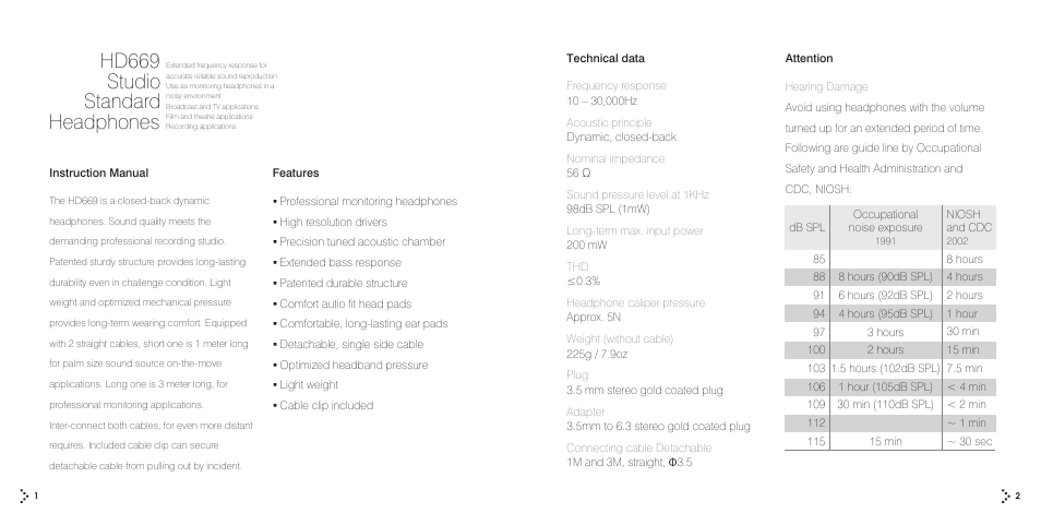 Hd669_manual_p1p2, Hd669 studio standard headphones | Superlux HD669 User Manual | Page 2 / 14