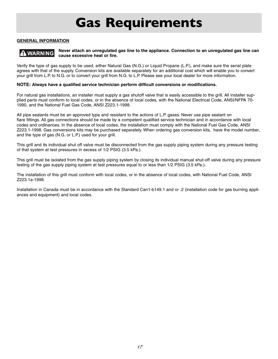 Gas requirements | Sure Heat 2006 Amana AM30 User Manual | Page 19 / 28