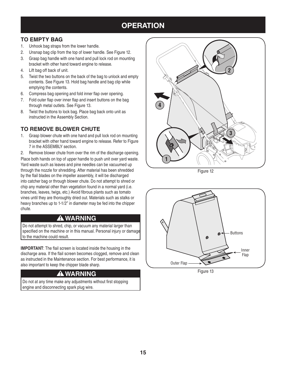 Operation, Warning | Craftsman 247.77012 User Manual | Page 15 / 60