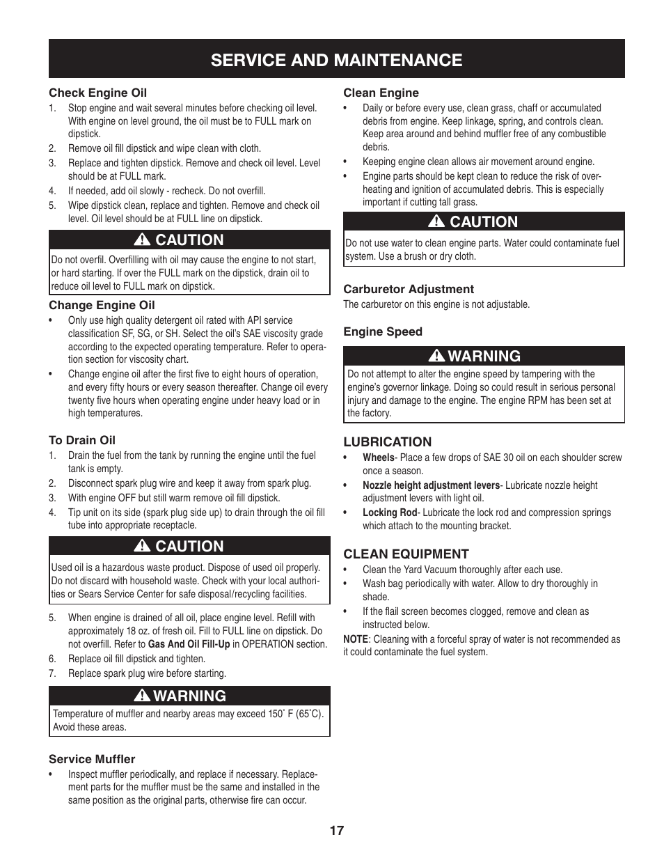 Service and maintenance, Caution, Warning | Craftsman 247.77012 User Manual | Page 17 / 60