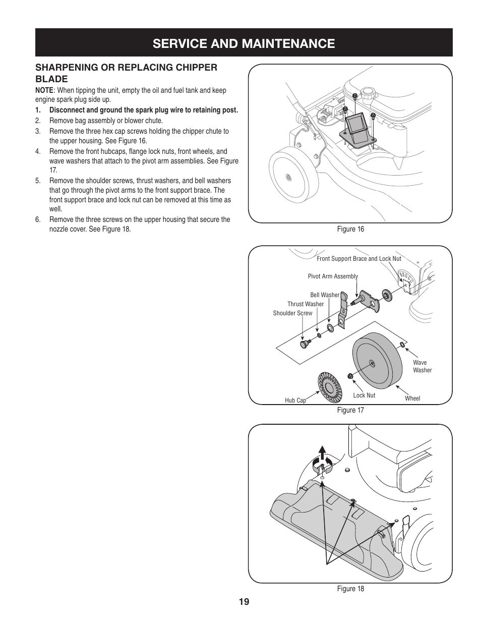 Service and maintenance, Sharpening or replacing chipper blade | Craftsman 247.77012 User Manual | Page 19 / 60