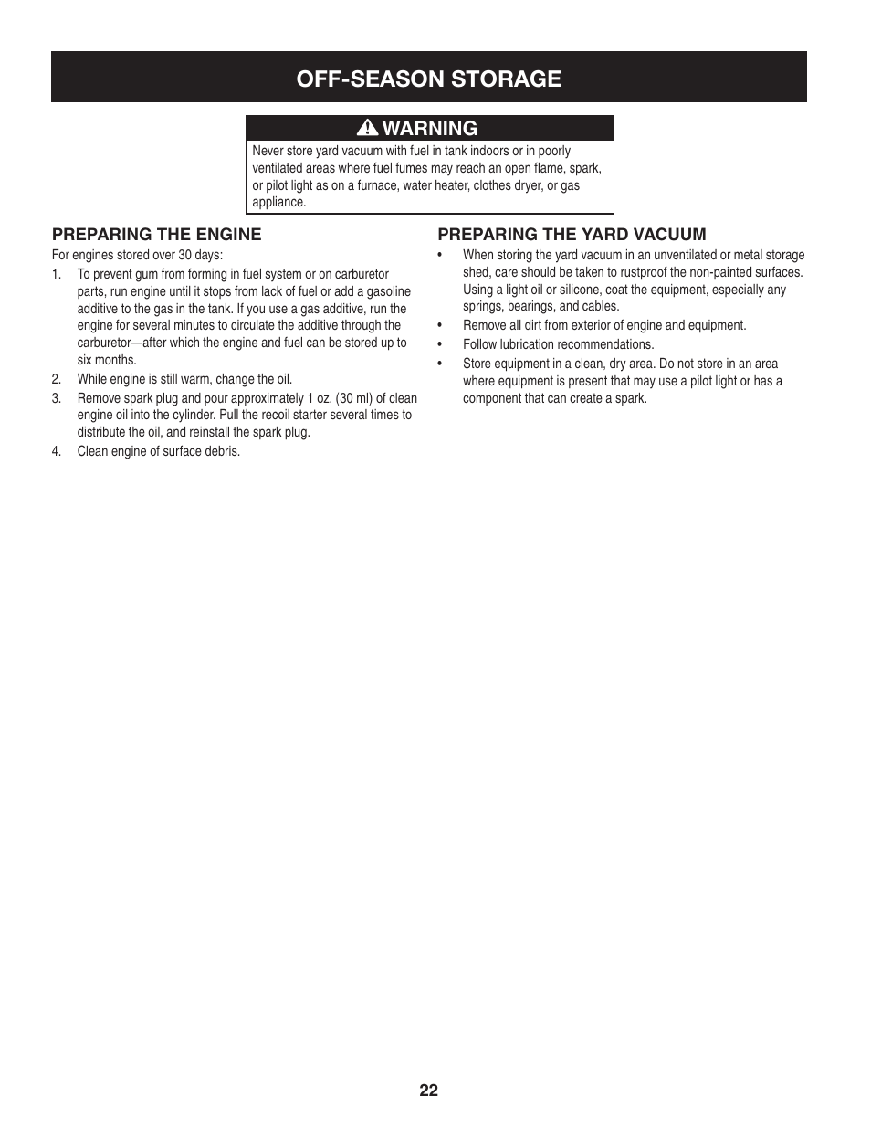 Off-season storage, Warning | Craftsman 247.77012 User Manual | Page 22 / 60