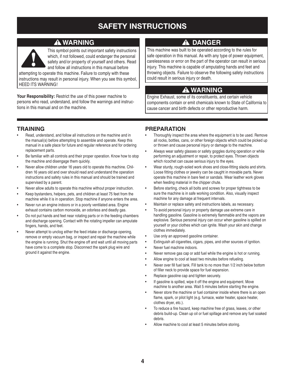 Safety instructions, Danger, Warning | Craftsman 247.77012 User Manual | Page 4 / 60