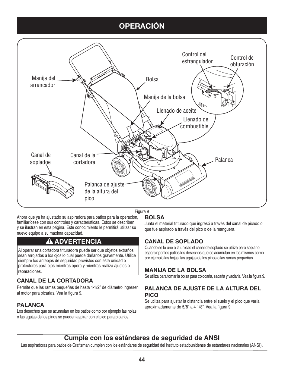 Operación, Cumple con los estándares de seguridad de ansi, Advertencia | Craftsman 247.77012 User Manual | Page 44 / 60