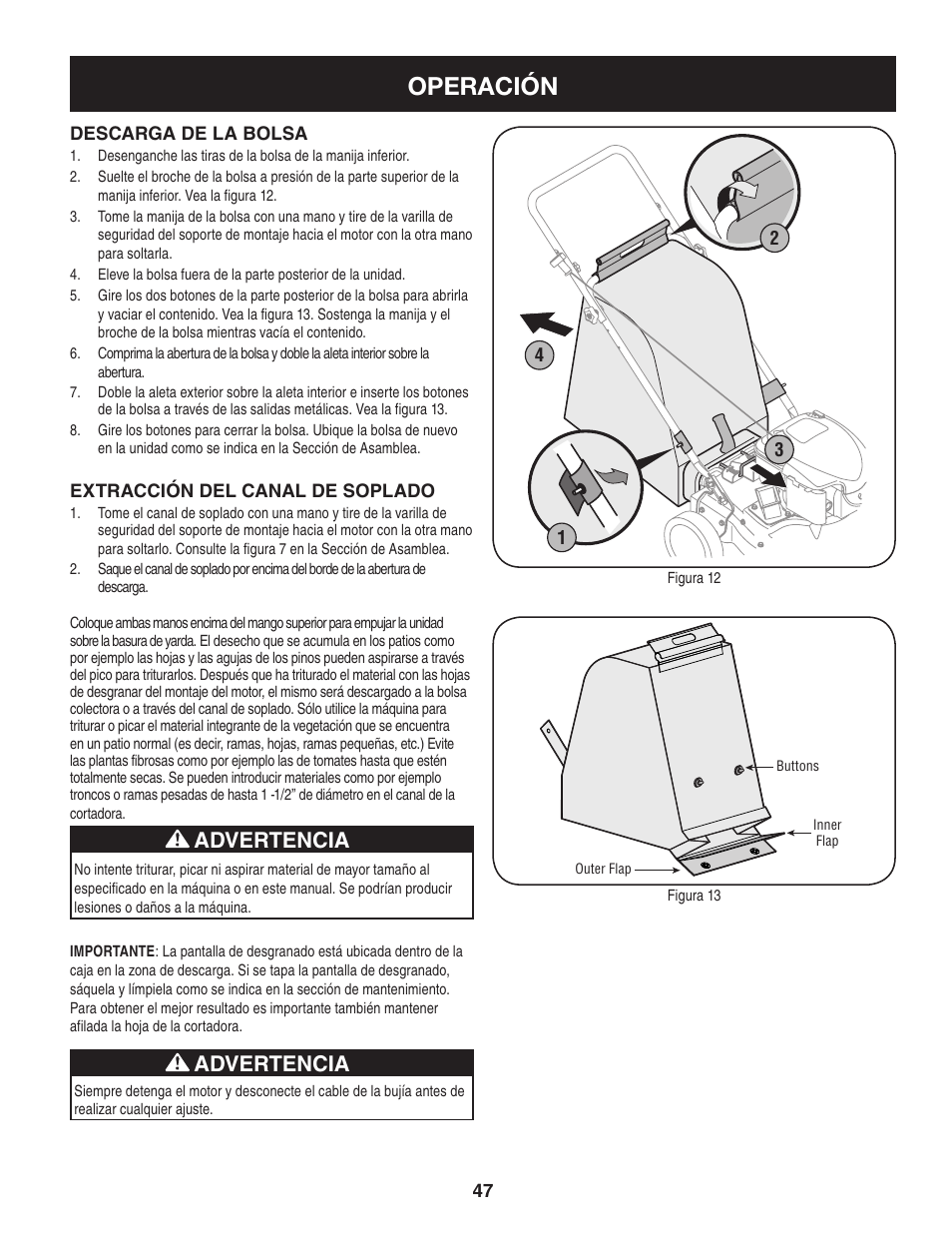 Operación, Advertencia | Craftsman 247.77012 User Manual | Page 47 / 60