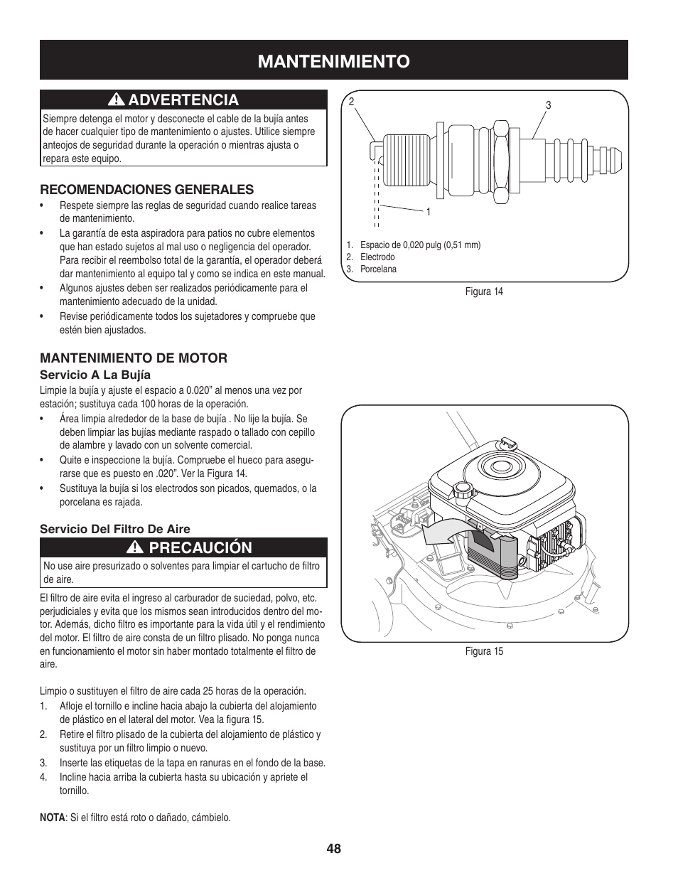 Mantenimiento, Precaución, Advertencia | Craftsman 247.77012 User Manual | Page 48 / 60