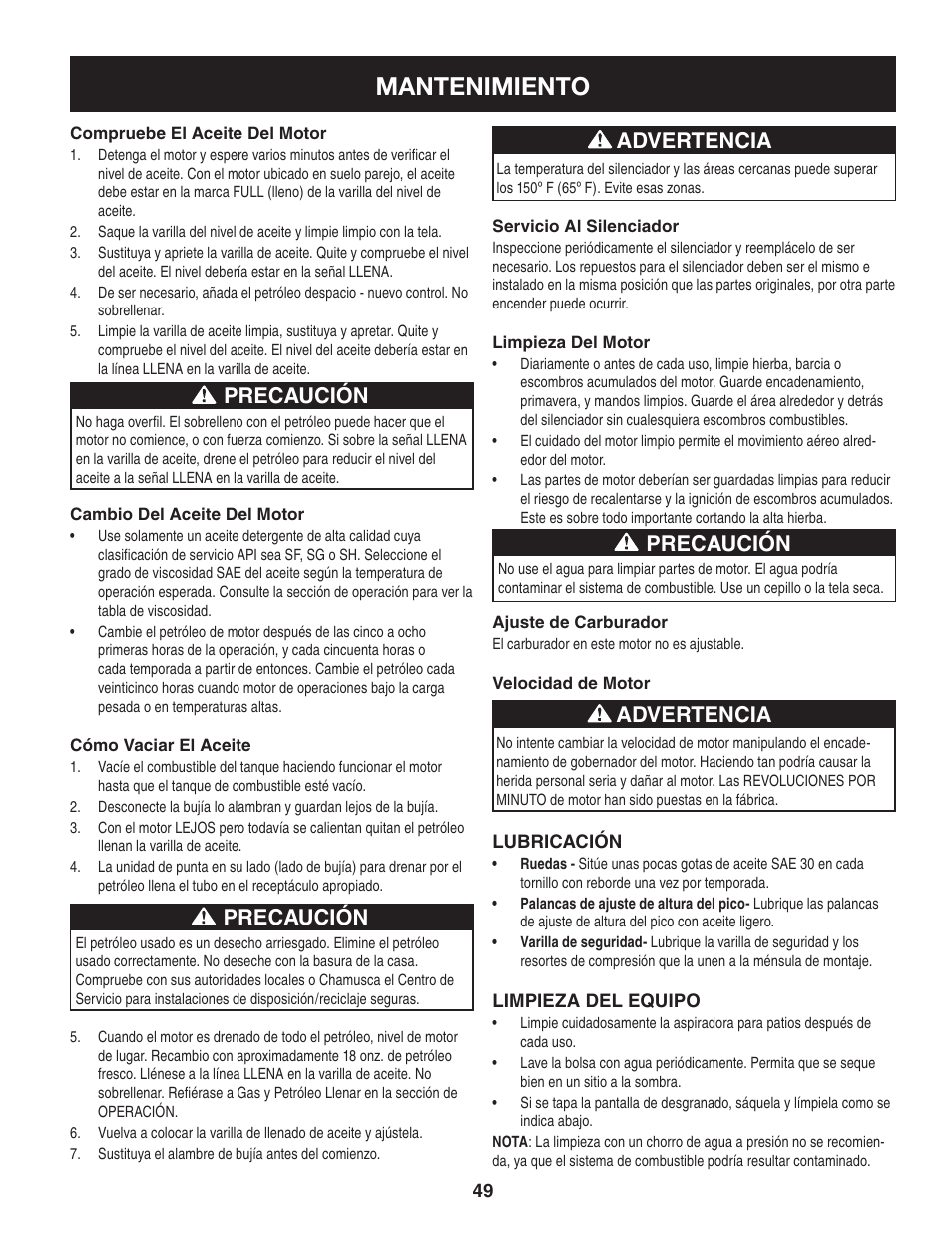 Mantenimiento, Precaución, Advertencia | Craftsman 247.77012 User Manual | Page 49 / 60