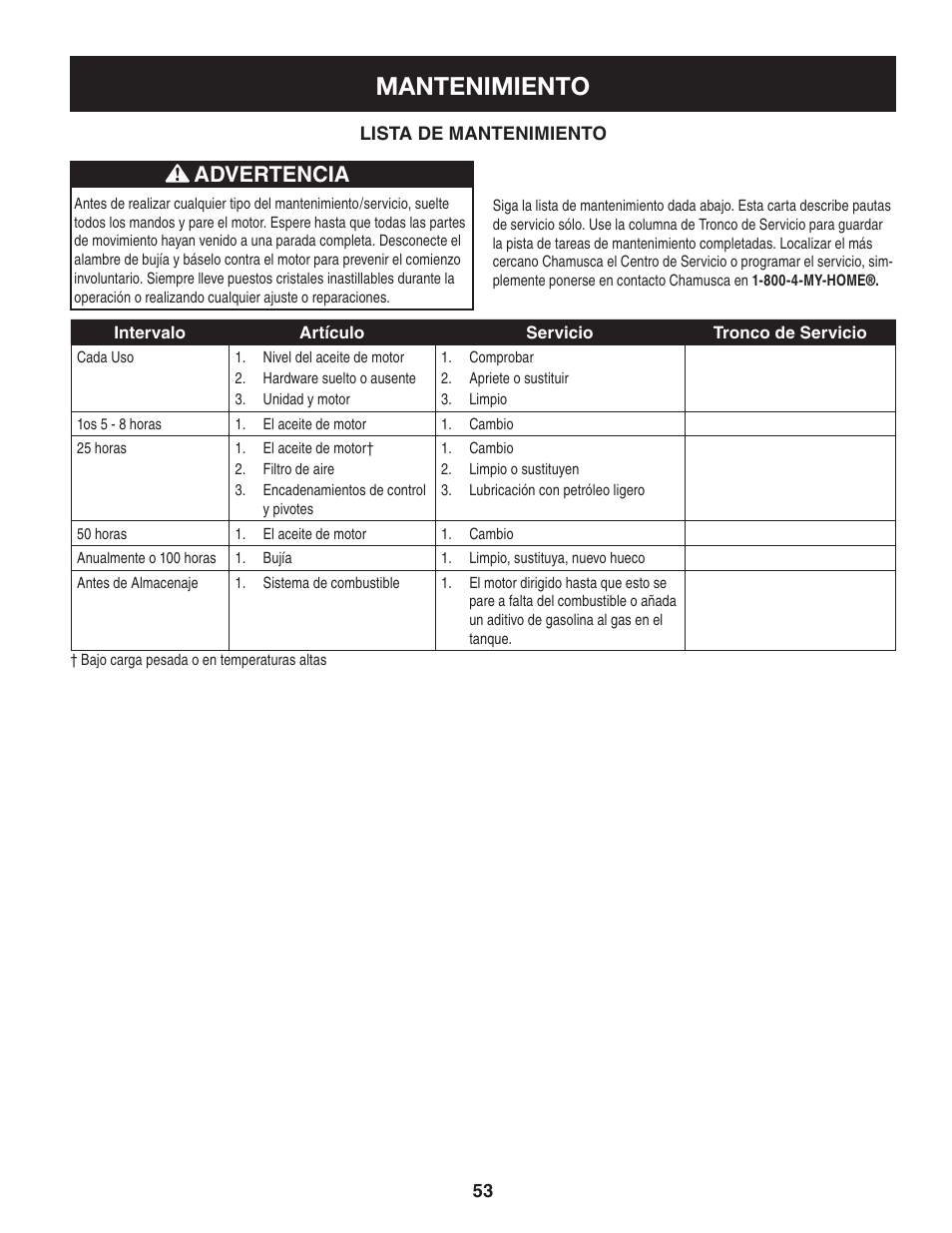 Mantenimiento, Advertencia | Craftsman 247.77012 User Manual | Page 53 / 60