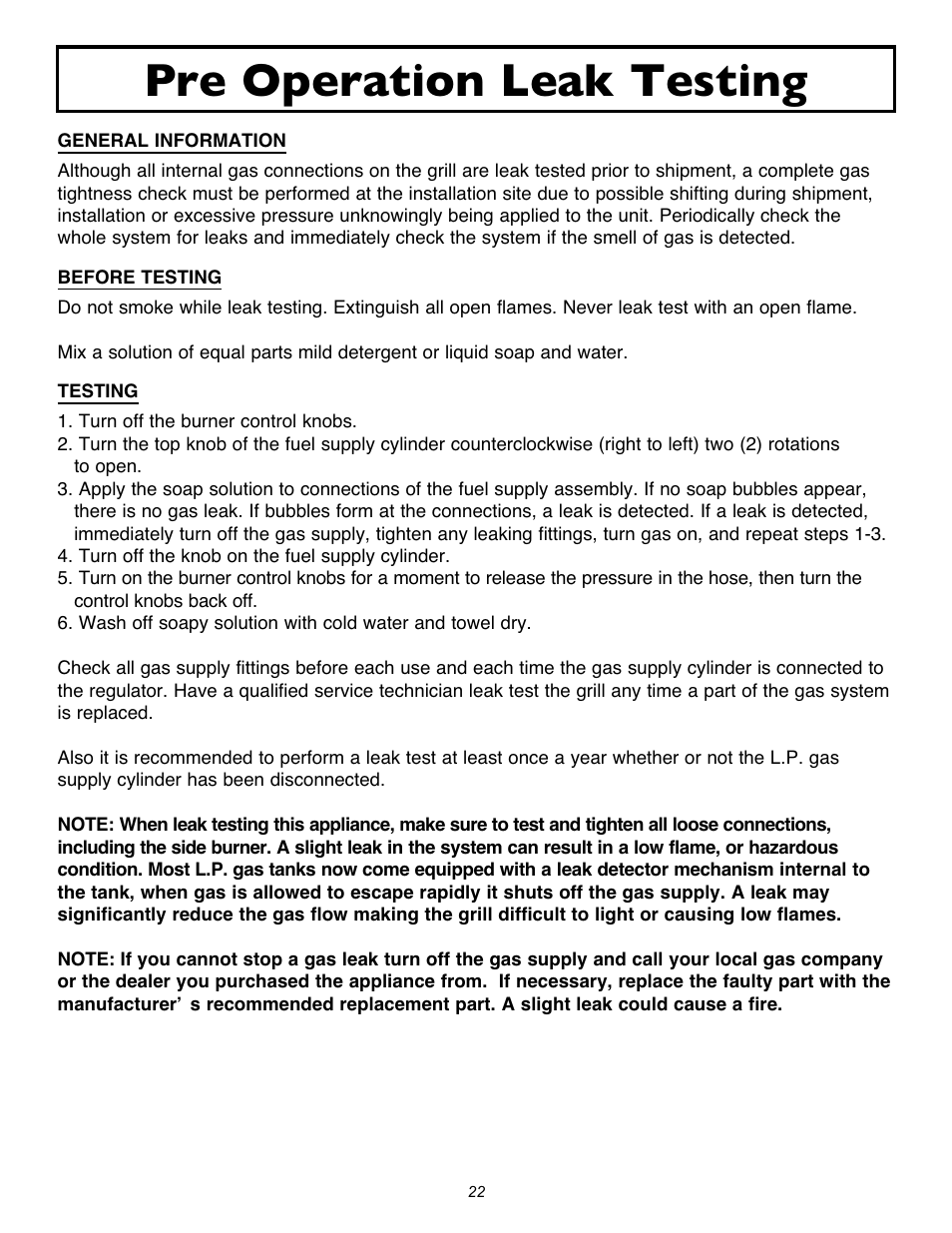 Pre operation leak testing | Sure Heat 2007 Amana AM30 User Manual | Page 22 / 30