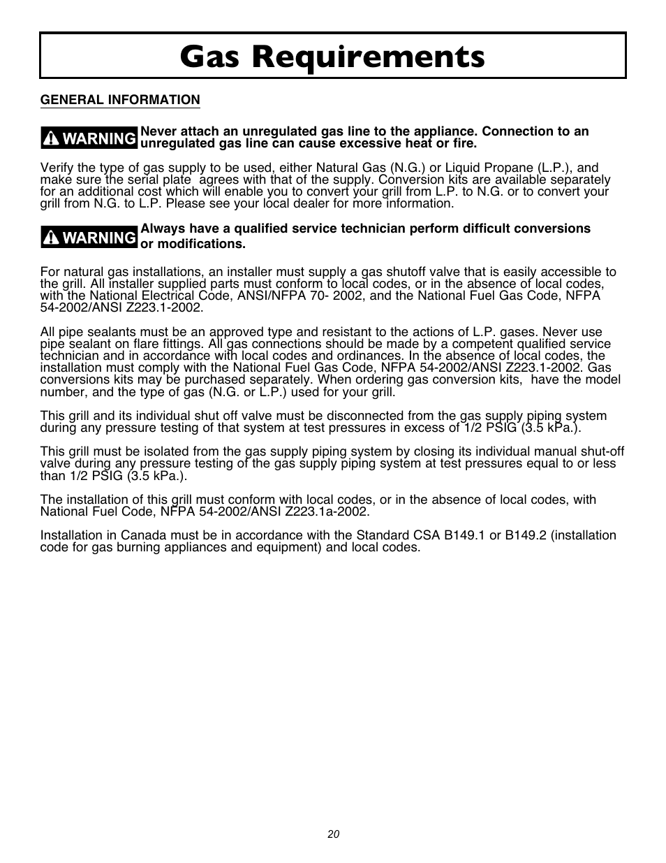 Gas requirements | Sure Heat 2007 Amana SF27 User Manual | Page 20 / 31